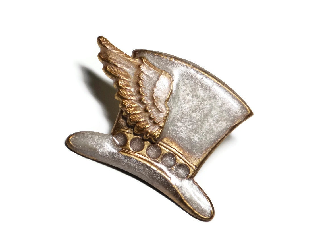 Steampunk Hat Brooch Pin in White Pearl with Wing Hand Made Enamel by Dr Brassy Steampunk