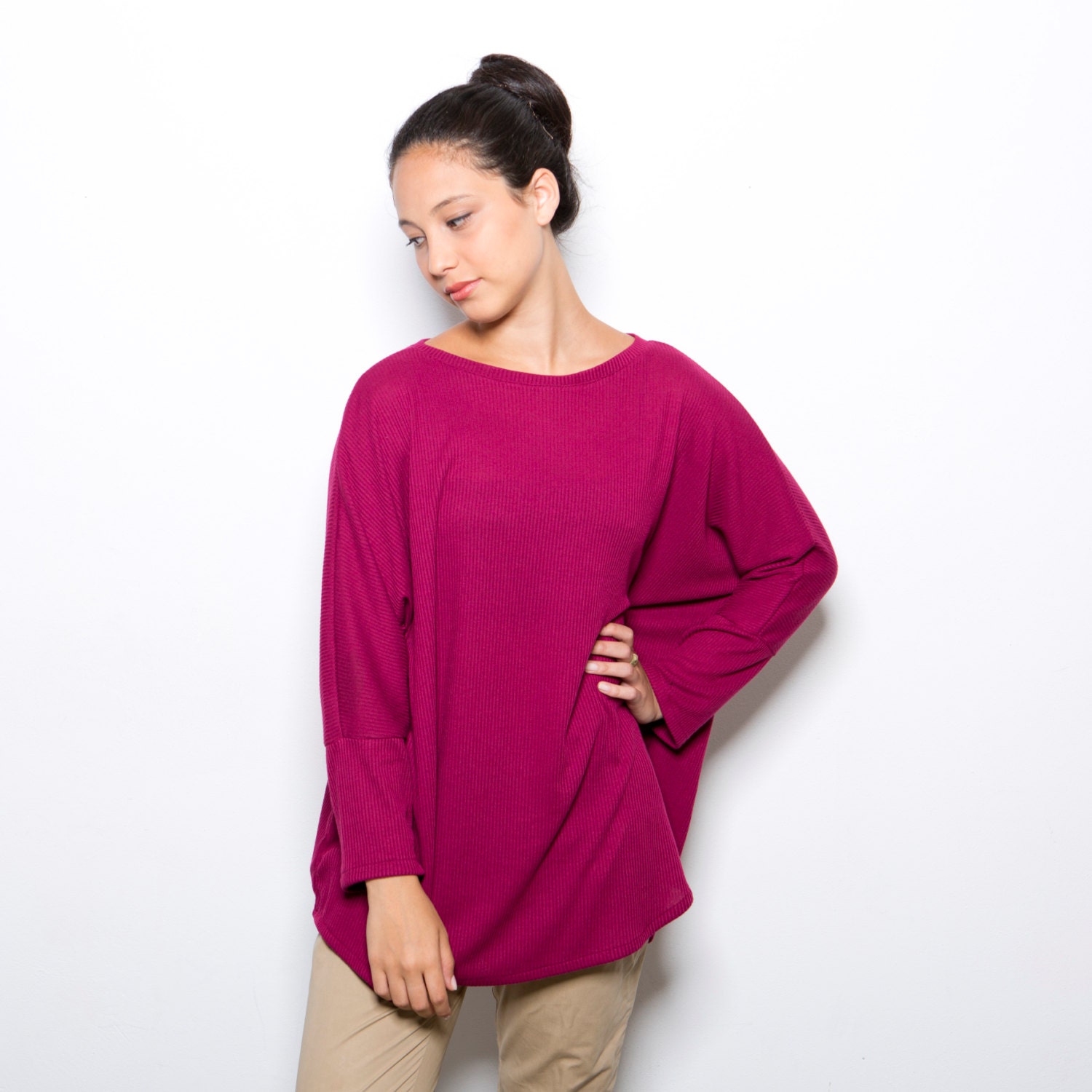 Deep rose tunic bat women oversize blouse, pink purple top one size fits all