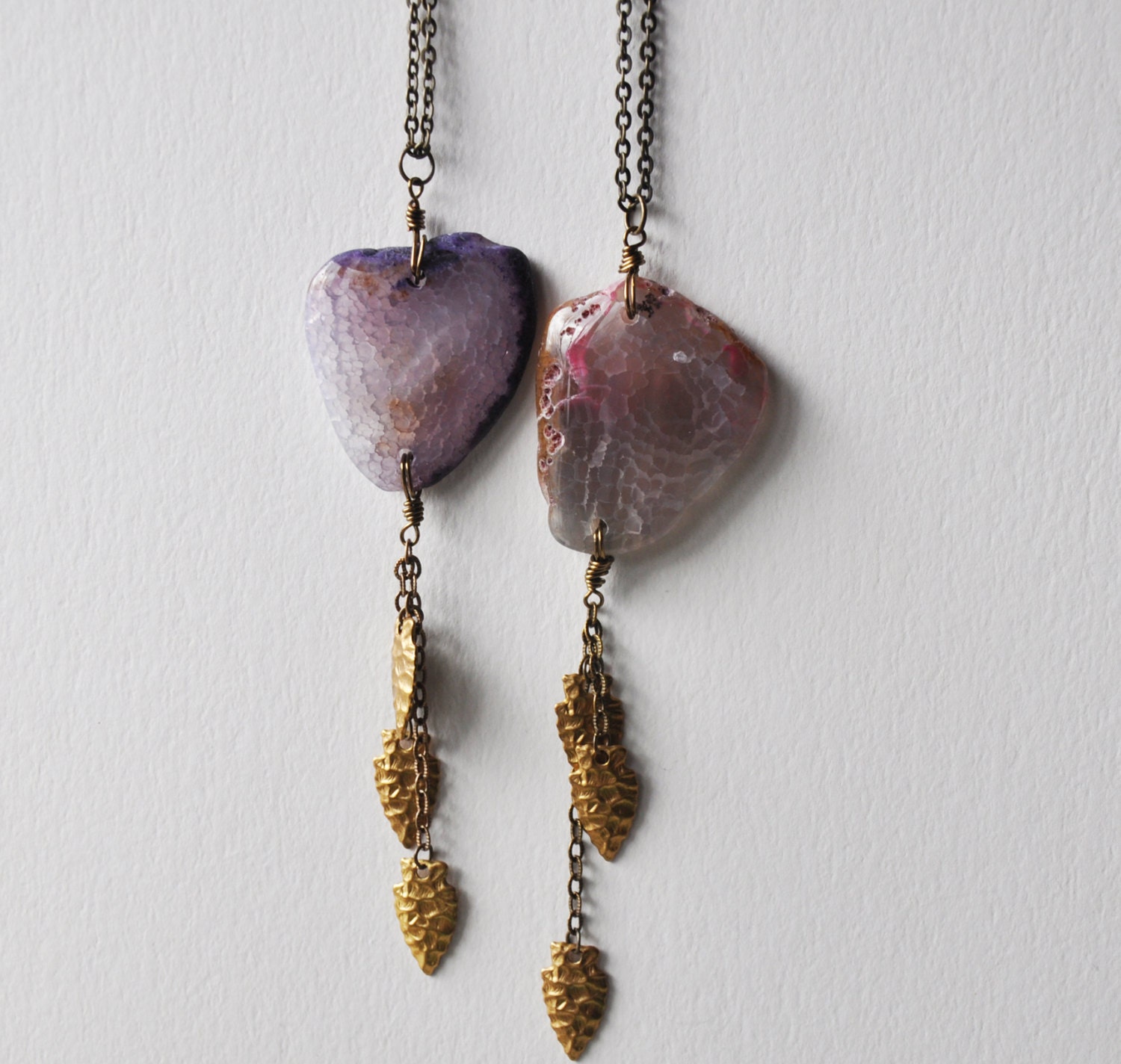 Bohemian Agate Necklace - Lavender Purple - Smokey Pink and Gray - Arrows - Agate Slice Necklace - Layering Necklace - Long Necklace