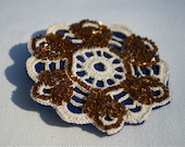 Vintage Crochet Doily, Upcycled Eco Friendly, Beaded Jewellery, Felt Brooch, Sienna Brown, Navy Blue