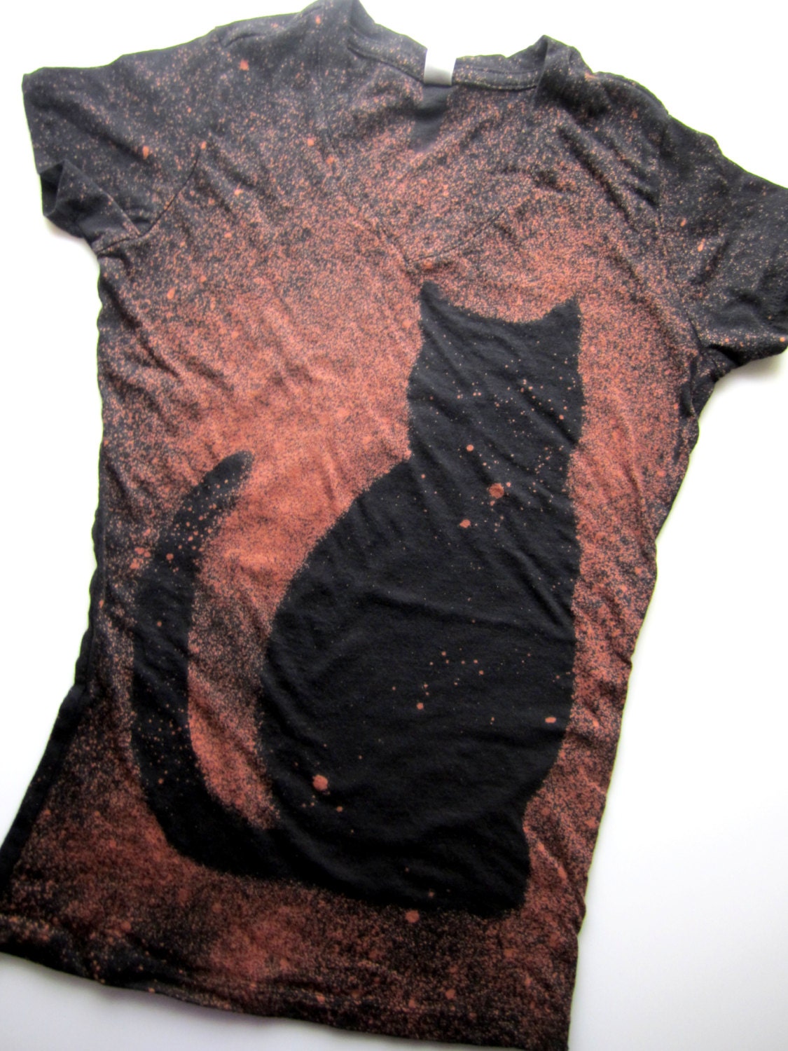 Cat shirt- Galaxy Shirt - Black Cat - Rusty Red Hand Dyed Eco Friendly Bleached T shirt - Short Sleeve V neck T shirt Women size SMALL (S)