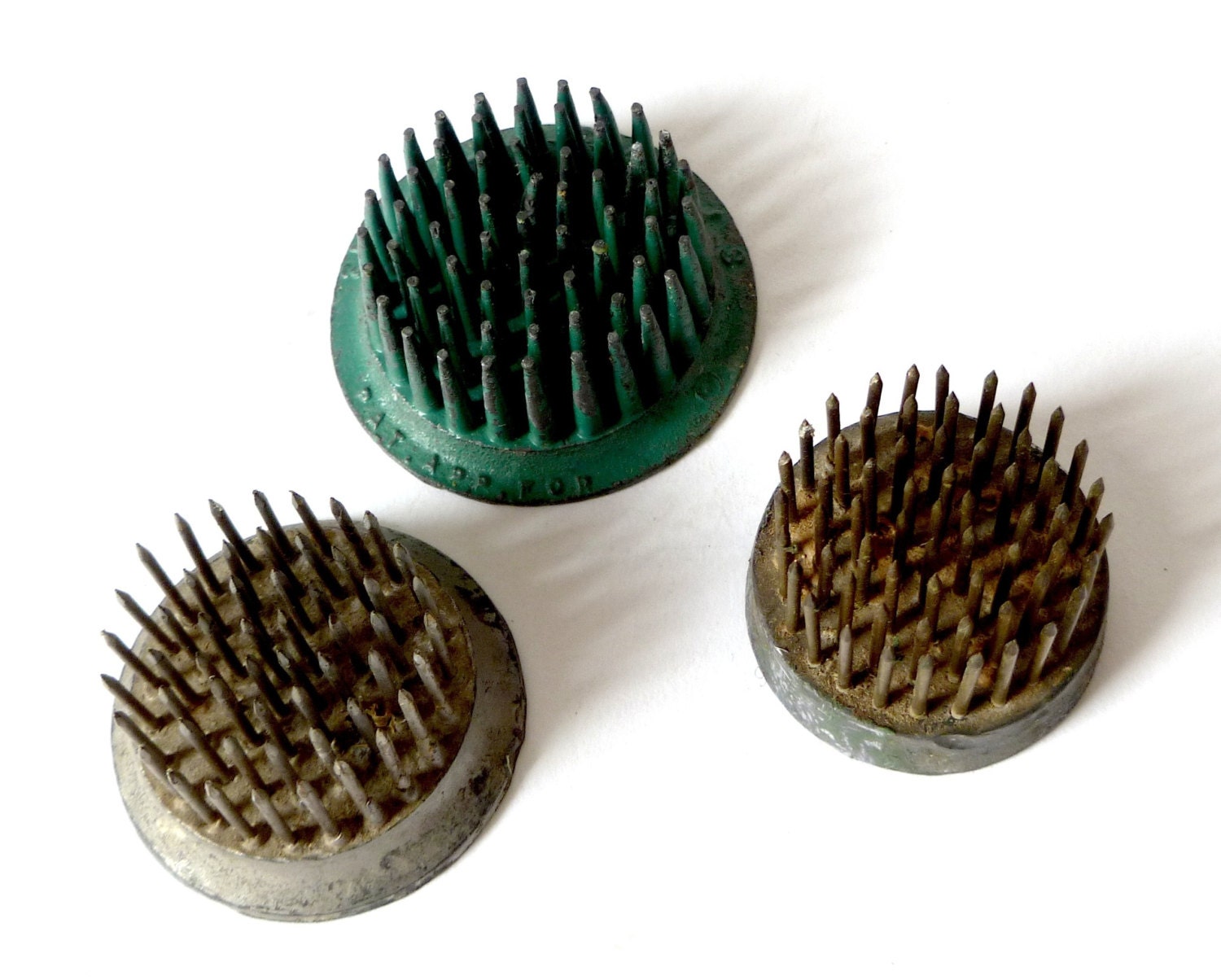Trio of Vintage Metal Flower Frogs ... Set of 3, Three, Needle, Green, Flowers, Florist Tools, Industrial, Heavy