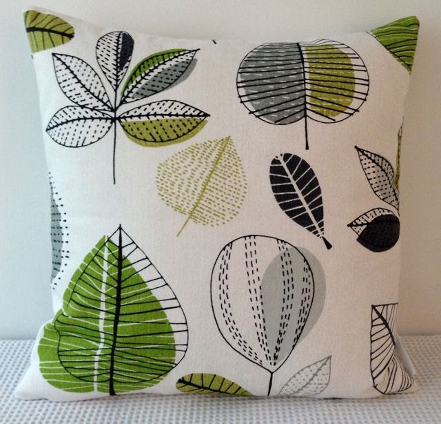Retro autumn leaves in cream with detail in shades of green, grey and black cushion cover, slip cover, decorative cushion