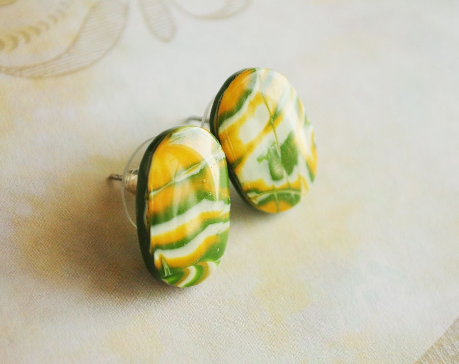 Green oval ear studs from polymer clay OOAK - green earrings, yellow earrings, pastel nature, gift for her - ready to ship
