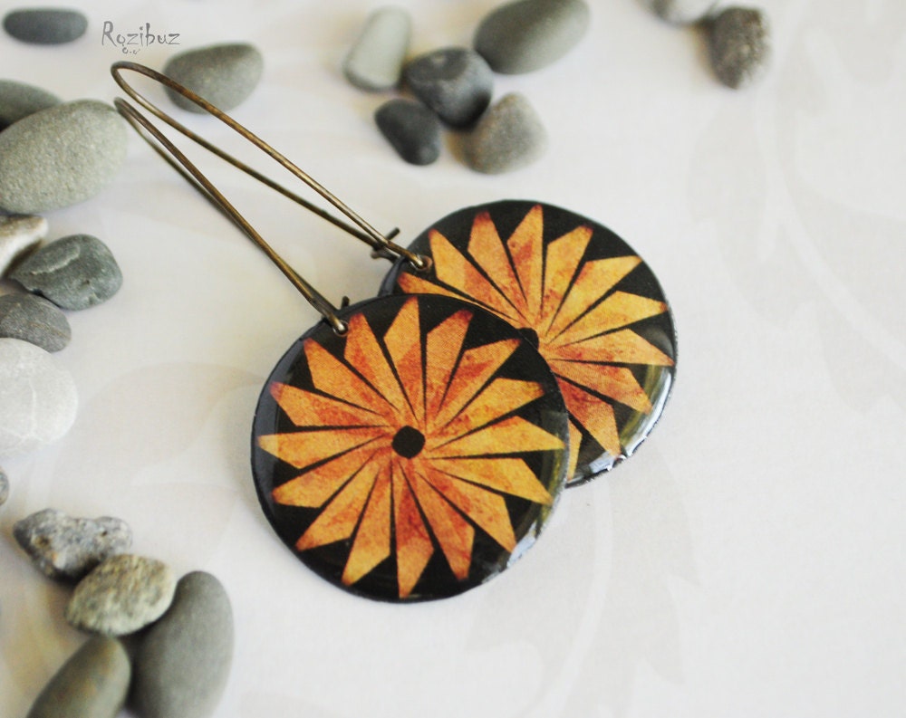 Tribal earrings - black earrings, orange earrings, native jewelry, golden, gift idea for her - made to order