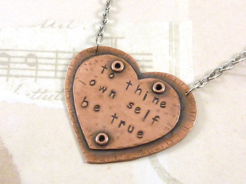 To Thine Own Self Be True Double Heart Necklace Copper Inspirational Quote Shakespeare Hamlet Riveted Cold Connected