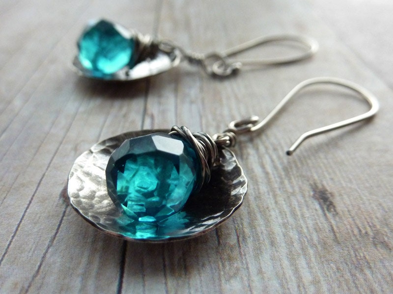 Sterling Silver Aqua Blue Drop Earrings Textured Domed Sterling Silver Discs Wire Wrapped Faceted Teardrop Briolette Dressy Classic - ATwistOfWhimsy