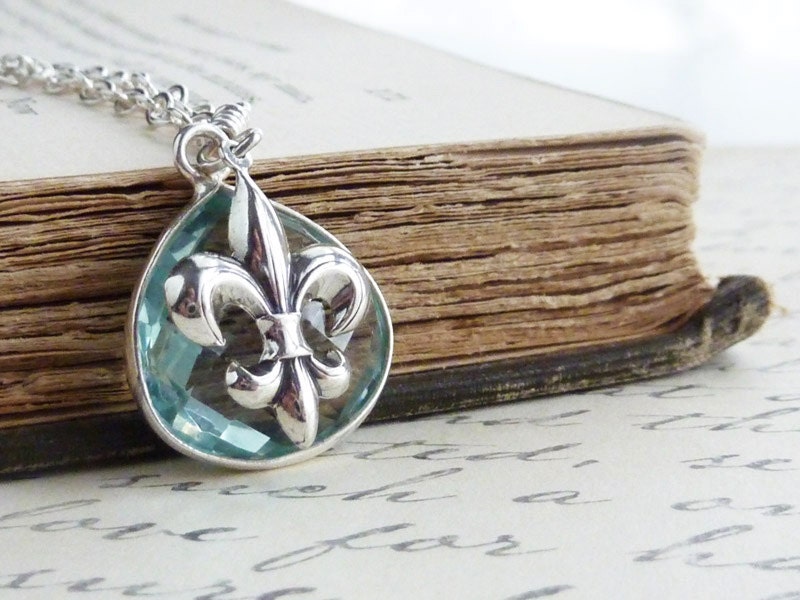 Aqua Blue Quartz Necklace Sterling Silver Fleur di Lis Faceted Pendant Dressy Classic