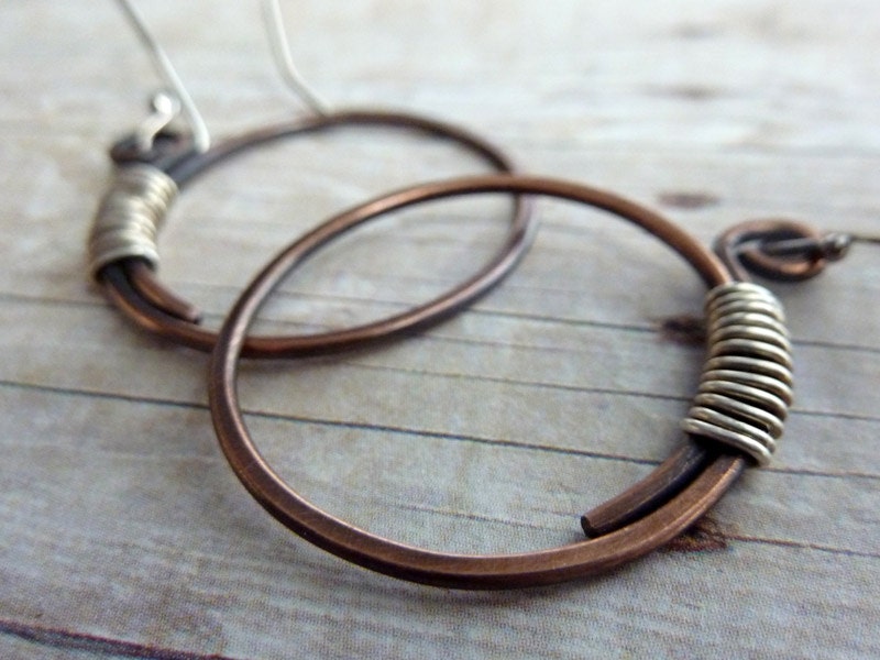Copper Hoop Earrings Rustic Wire Wrapped Sterling Silver Boho Mixed Metal