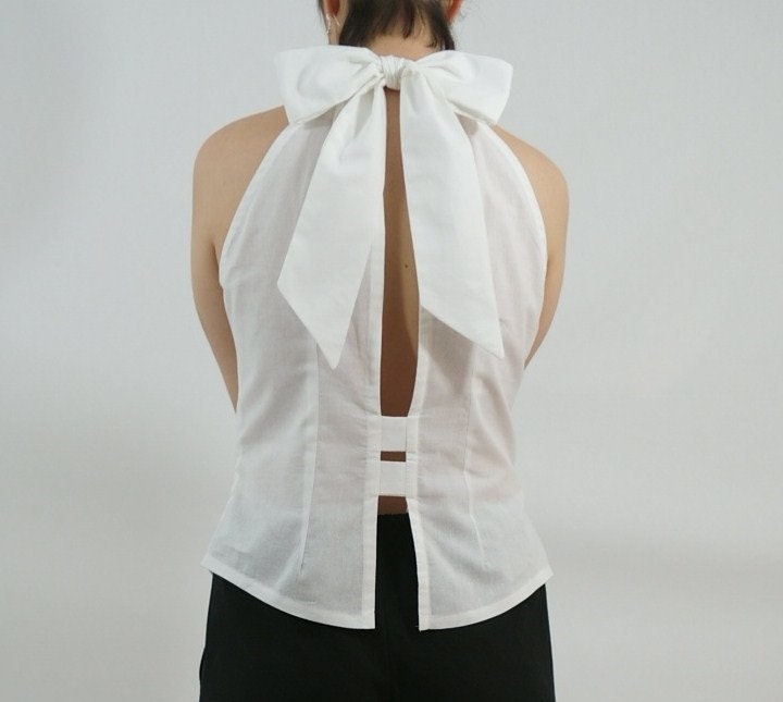 Sleeveless Bow Back Top with Open Back in Crisp White Cotton - Spring Collection - Size M