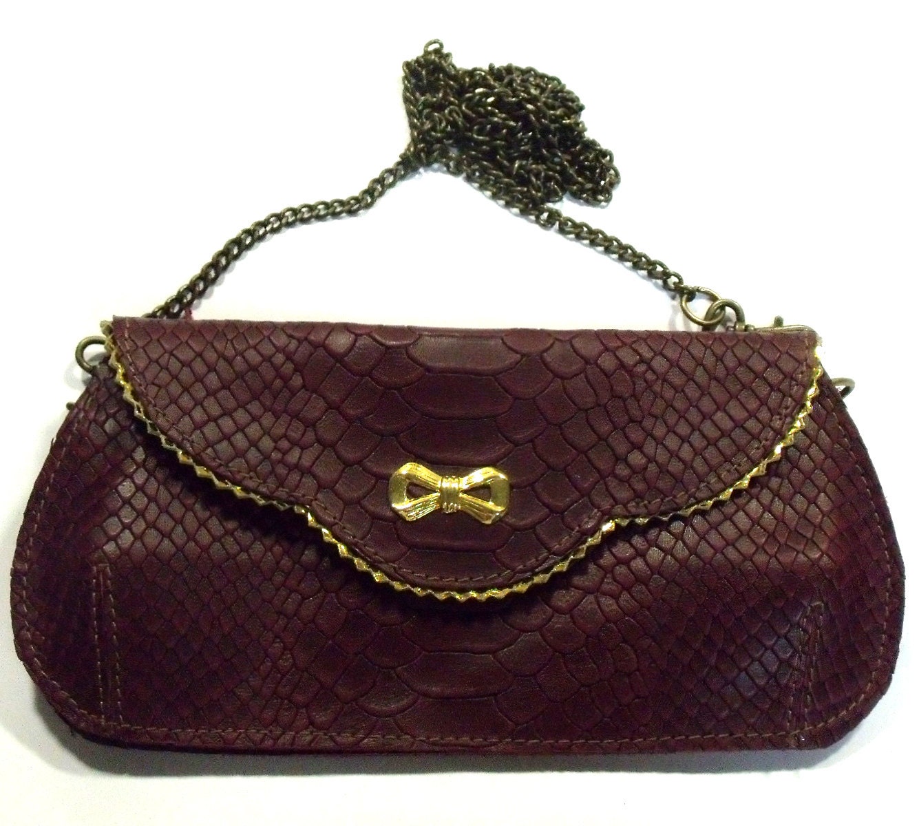 Winter Sale - Gorgeous burgundy leather clutch with a bowtie