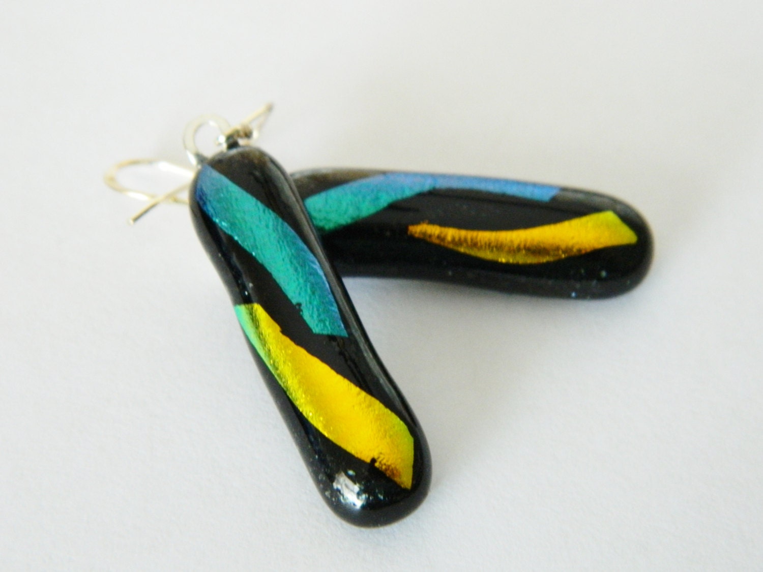 Dangle Earrings Fused Glass black sapphire blue and gold