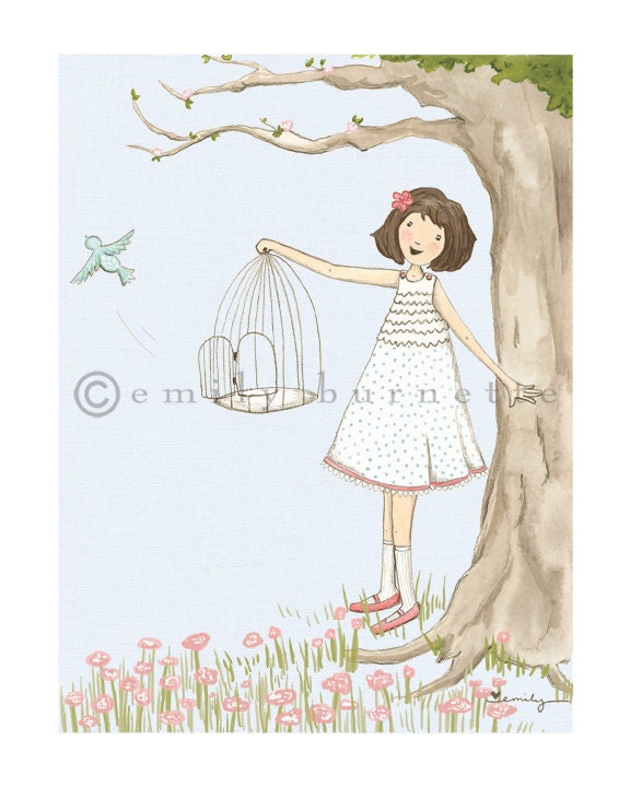 5x7 Print - 'Hope' - Girl Bedroom Nursery Wall Art Print - Bird, Aqua, Pink, Birdcage, Powder Blue - Nature- Emily Burnette - Recipe 4 Cute