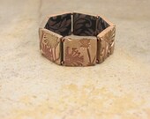 Olive Green Stretch Bracelet Antique Copper Bronze Gold Floral Cuff Bracelet