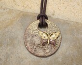 Butterfly Necklace Bronze Gold Sage Celery Lime Green Chartreuse Dark Brown Leather Necklace Artisan Pendant Necklace Butterfly Jewelry