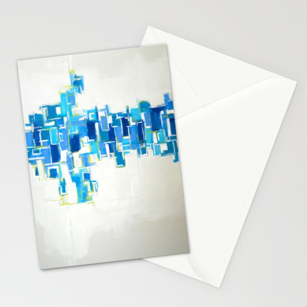 set of 10 BLANK GREETiNG CARDS - abstract painting - modern art - blue green white - beach nautical