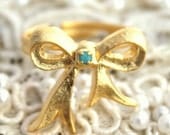 Gold bow adjustable Turquoise ring - 14k plated matte gold adjustable ring