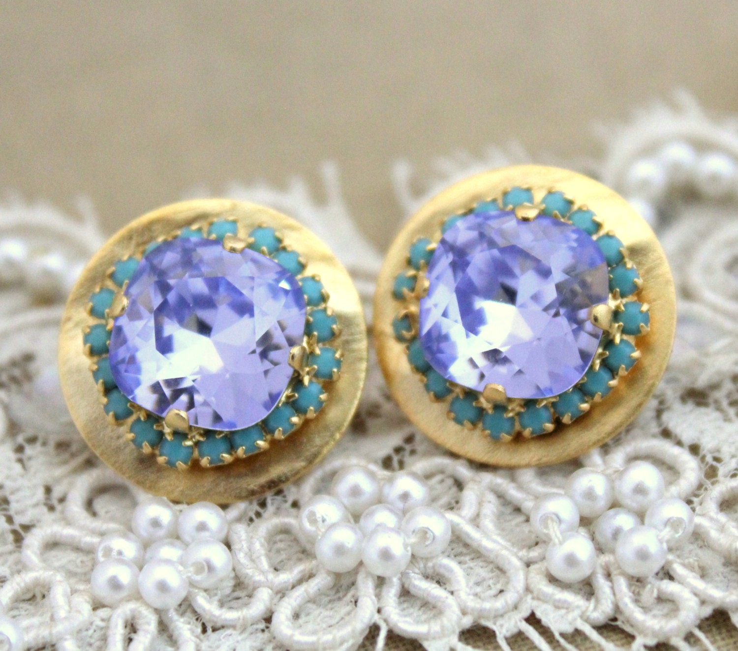 Crystal stud big turquoise blue topaz earring - 14 k plated gold post earrings real swarovski rhinestones.