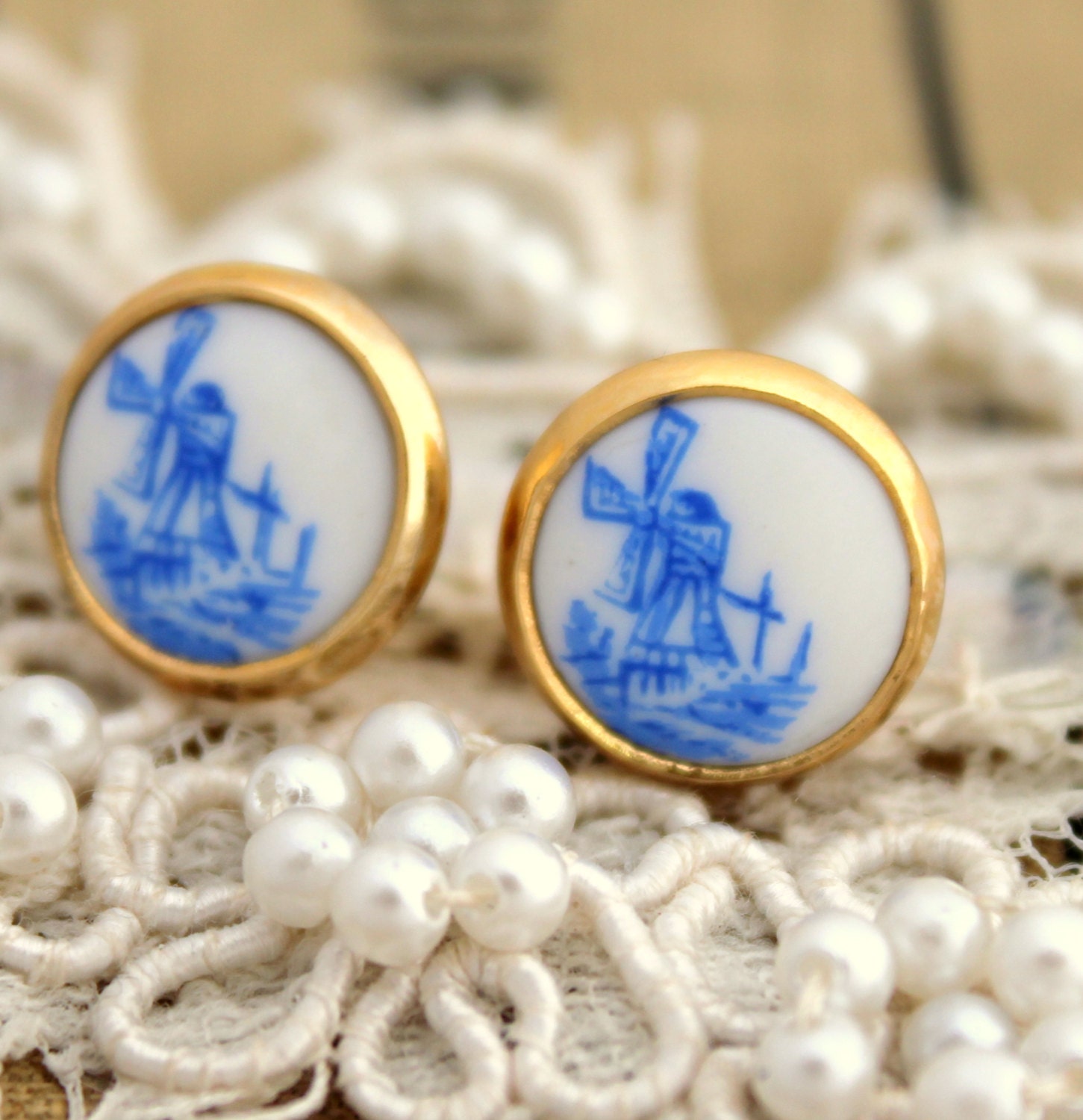 Vintage style post stud dutch delft - Victorian shabby chic style 14 k plated real gold.