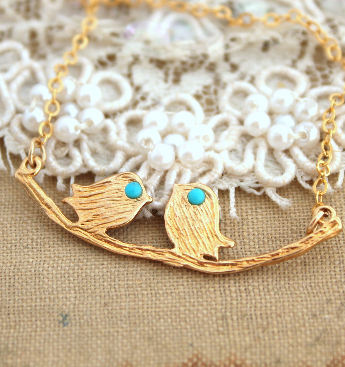 Birds kissing necklace something blue - 14 k gold filled necklace with real little turquoise stones.