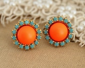Stud earring Neon orange and Turquoise  - 14 k plated gold post earrings real swarovski pearls.