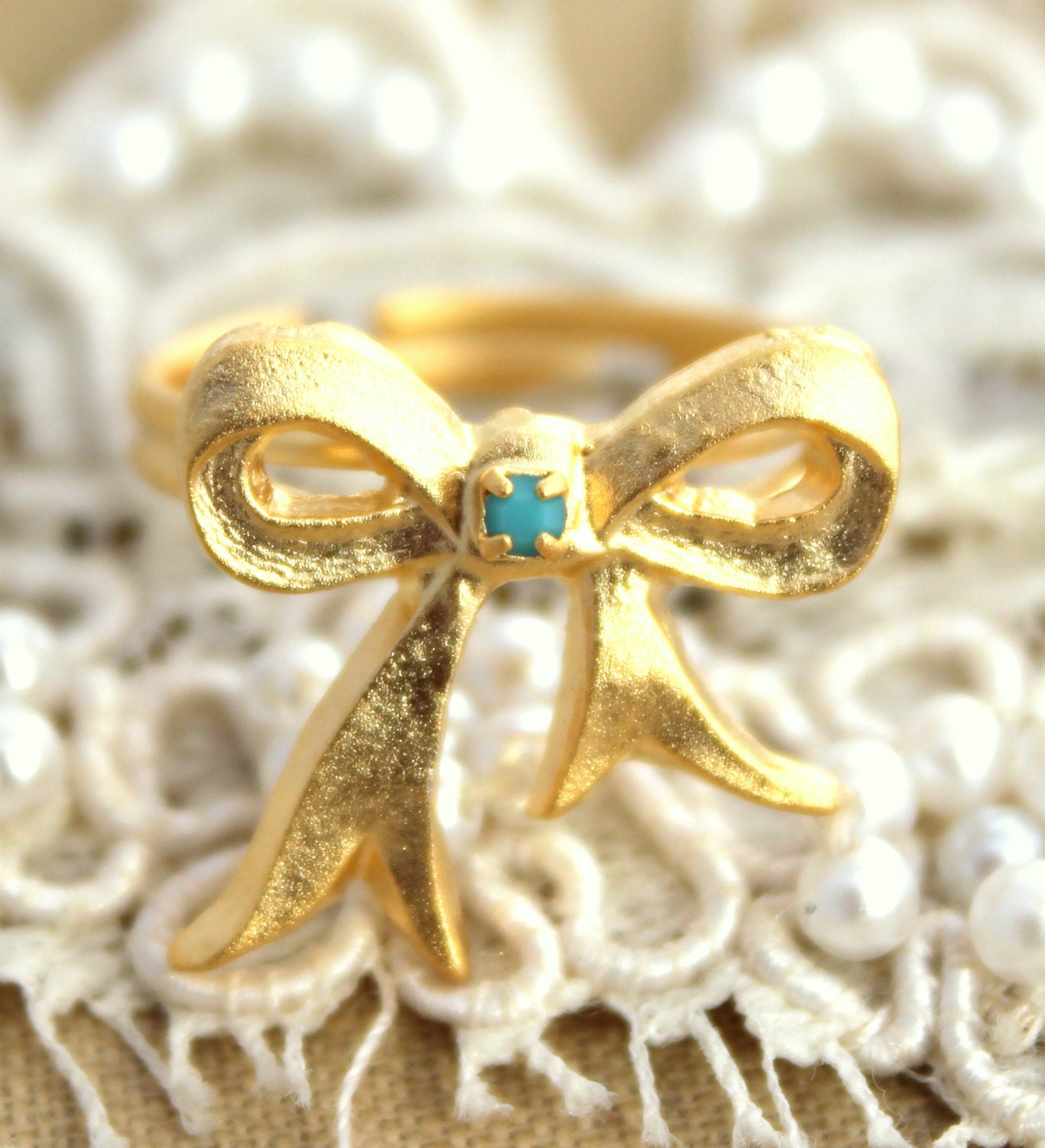 Gold bow adjustable Turquoise ring - 14k plated matte gold adjustable ring