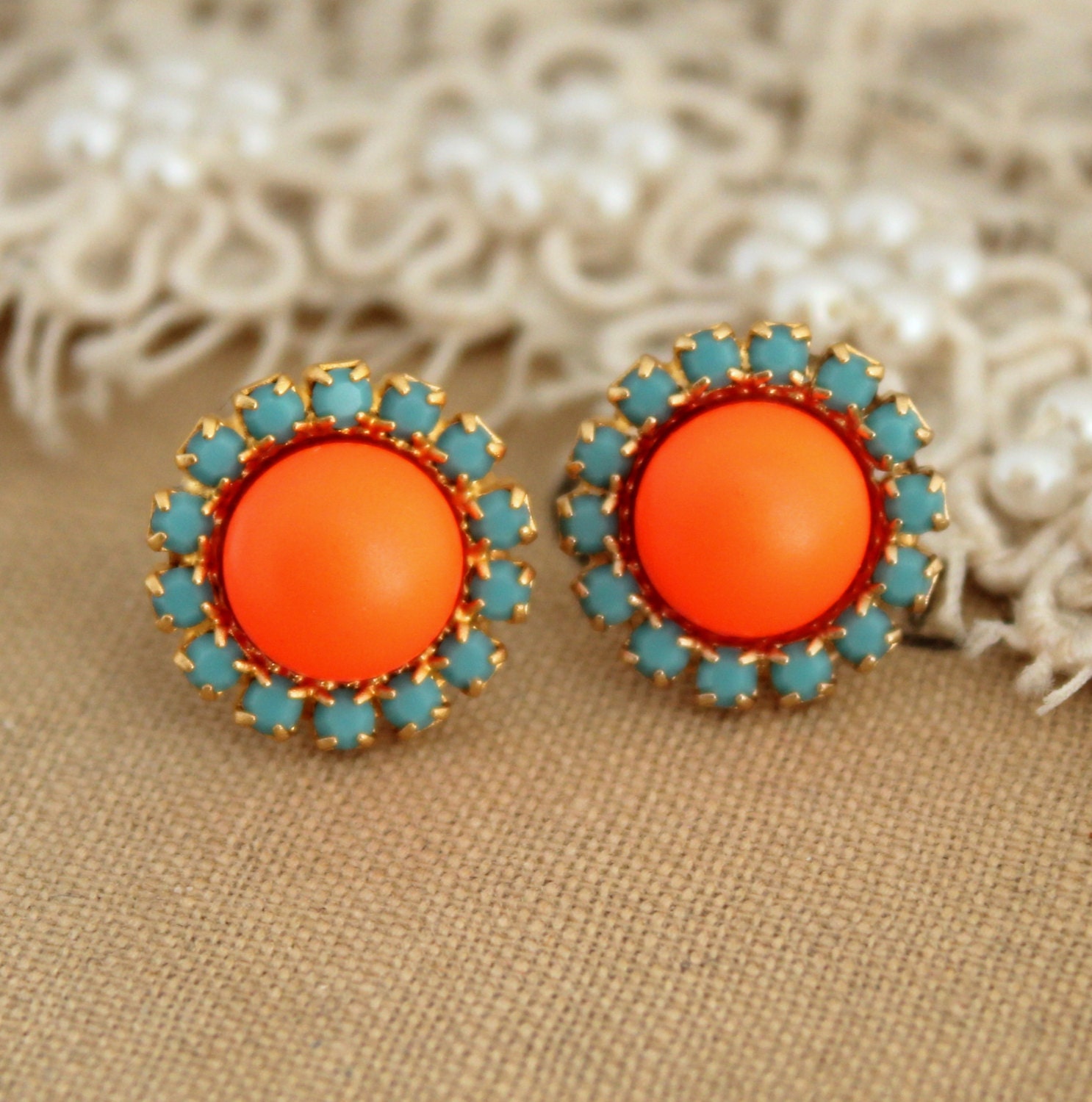 Stud earring Neon orange and Turquoise  - 14 k plated gold post earrings real swarovski pearls.