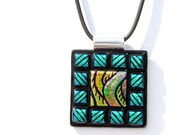 Mosaic Etchings - LARGE Dichroic Glass Pendant Necklace, Fused Glass - Wearable Art, Modern Contemporary, Blue Gold Green (Item 10536-P)