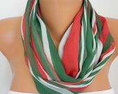 BIG SALE Line  Infinity Scarf Shawl Circle Scarf Loop Scarf  Scarf Gift  - anils red green white