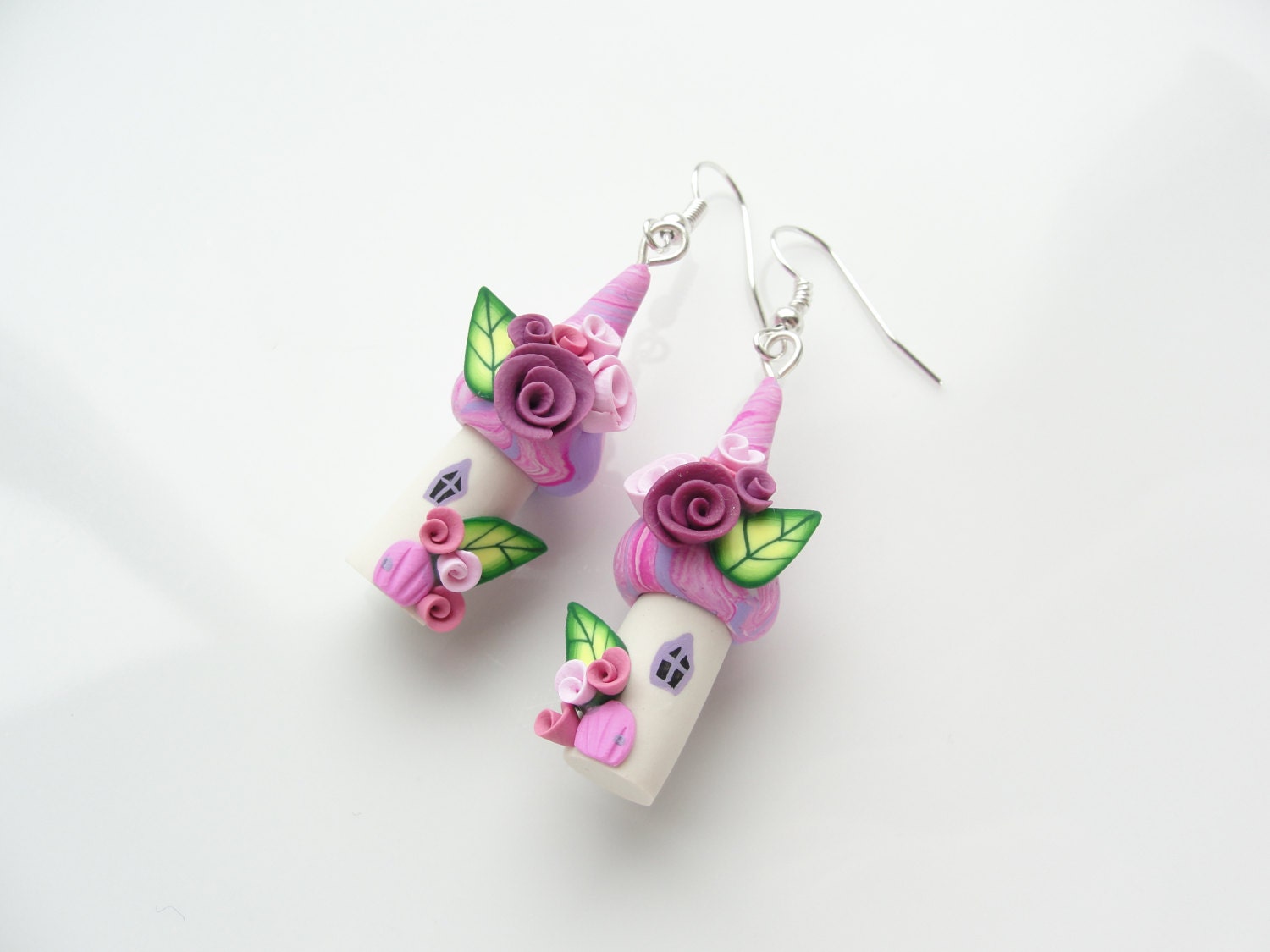 Miniature fairy house earrings in pink handmade from polymer clay