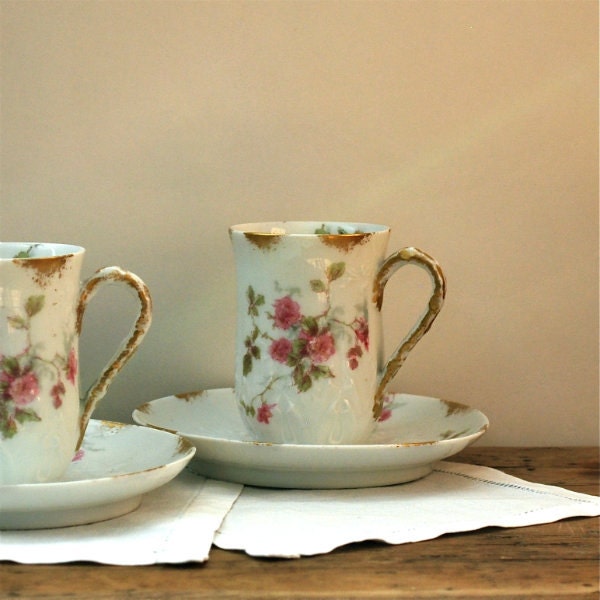 Vintage Chocolate Cups Saucers Two Pair GDA Limoges France Pink Rose Gold Trim