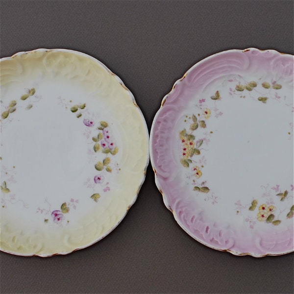 Antique Dessert Plates Salad Five Pink Yellow Floral Porcelain Vintage
