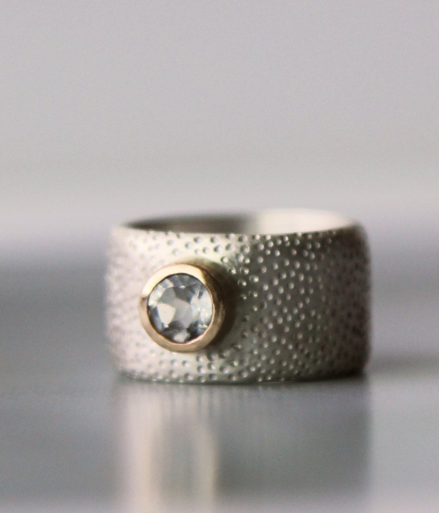 modern wide band engagment ring - unique wedding band - gold and white topaz sterling silver ring - hers hers - his his - his hers