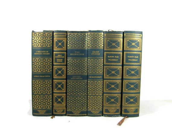Teal Green  Blue Books with Gold Lettering Collection Vintage Books Decorative Books for Wedding Decor