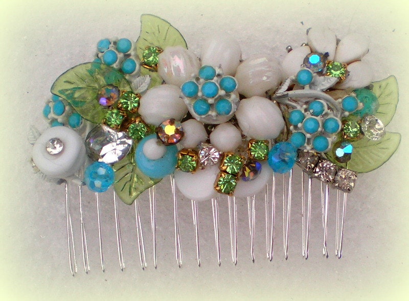 Something Blue Romantic Blue and White Bridal Comb Silver Plated