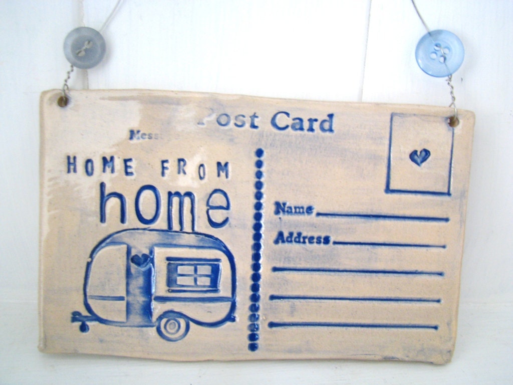 Home from Home - Ceramic postcard with vintage buttons. Made in Wales, UK.  Ready to Ship. Blue