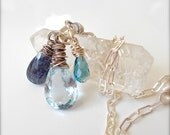 Triple Blue Gemstone Necklace Wire Wrapped Necklace Sparkling London Blue Topaz and Earthy Spectrolite