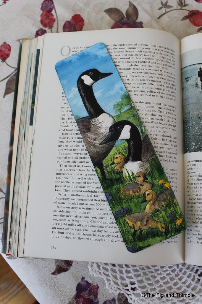 Canada Goose Bookmark - Watercolor Handpainted Original Illustration -Goose Family with Goslings