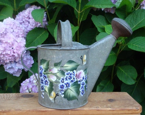 Hand Painted Vintage Metal Watering Can with by bunnyhutchdesigns