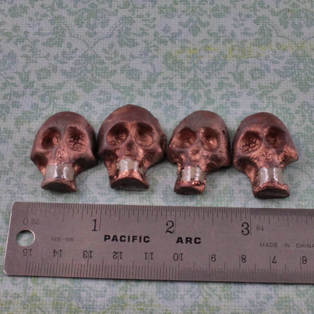 4 Handmade Raku Skull Pendants Beads Flat Back