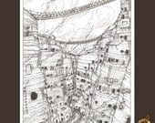 Black and White fantasy landscape illustration of a desert canyan village