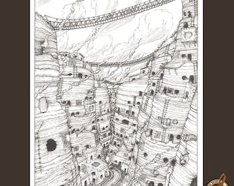 Black and White fantasy landscape illustration of a desert canyan village
