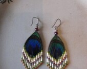 Beautiful VERY Bohemian Handcrafted  Peacock Feather Beaded Pierced Earrings 1970s ear HiPpY Gypsy