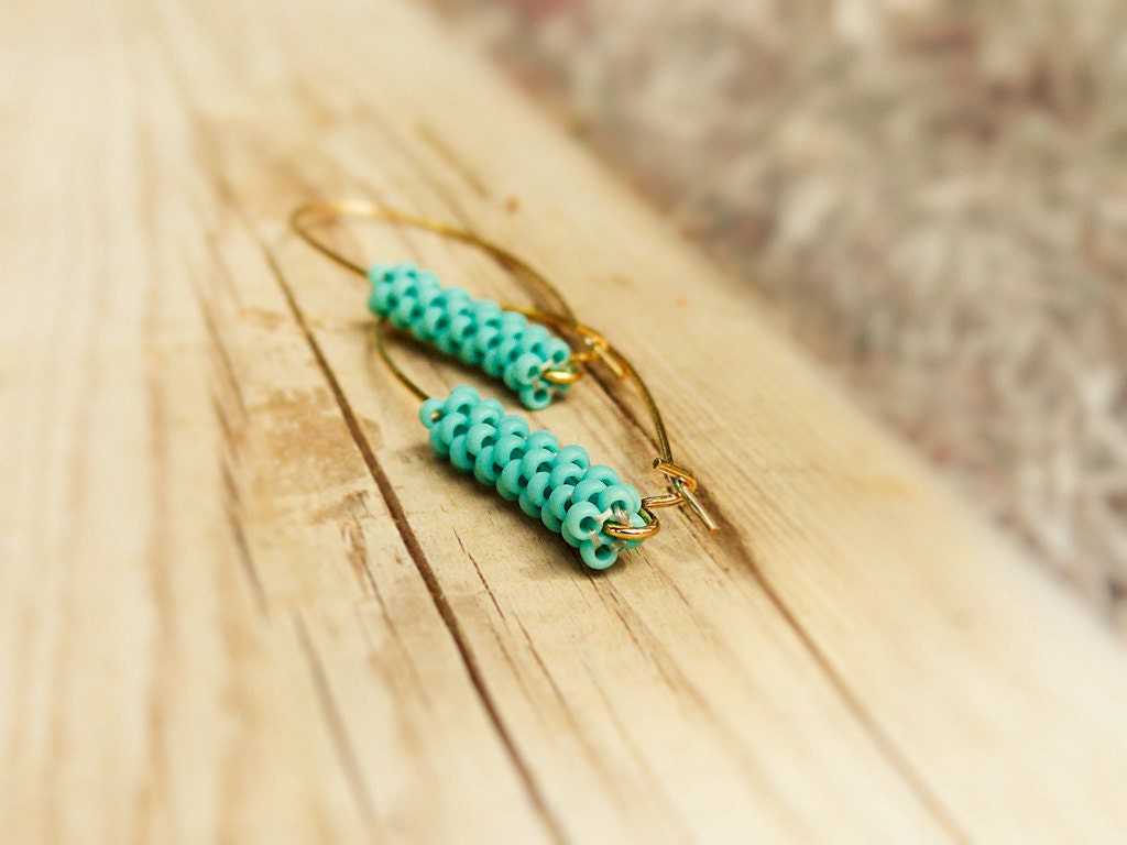 Minimalist chic turquoise tube dangle earrings. beadwork peyote stitch seed bead jewelry