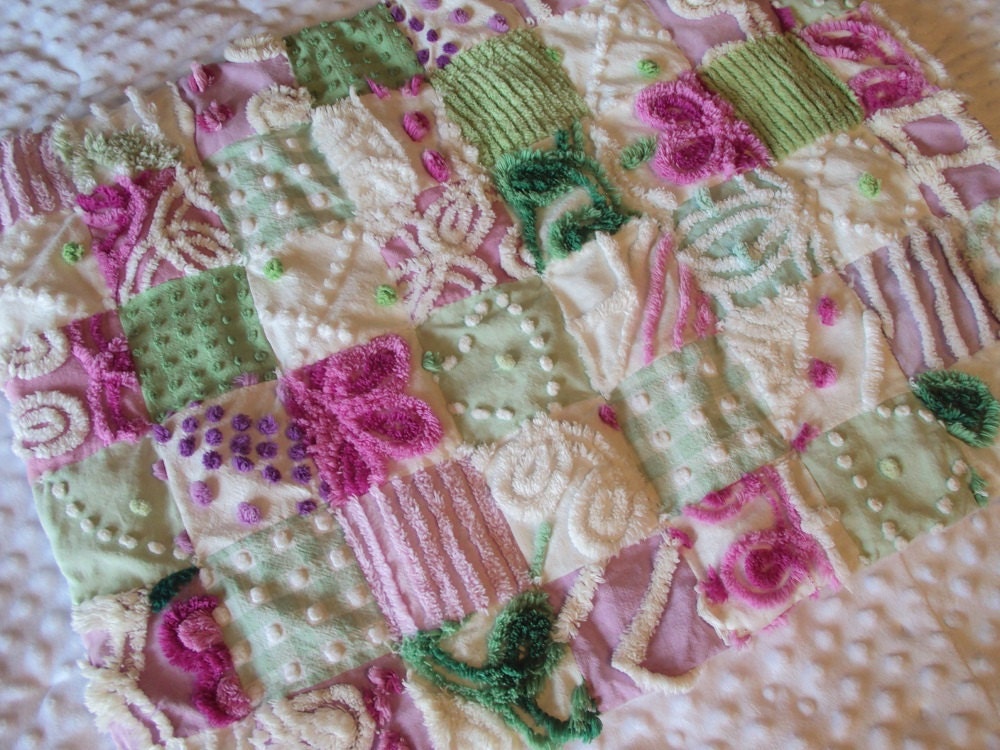 Sweet vintage chenille baby quilt lovey, doll or pet bed, purple & green, 20 x 26