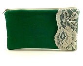 READY TO SHIP/Emerald Green Pouch/Lace pouch/Wallet/Clutch pouch/Zipper/Gift Idea/