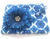 Blue Flower Zipper Wristlet, Cosmetic Bag, Purse, Makeup Bag, Clutch, Cornflower Blue, Lined, Cotton, Birthday Gift, Free Shipping