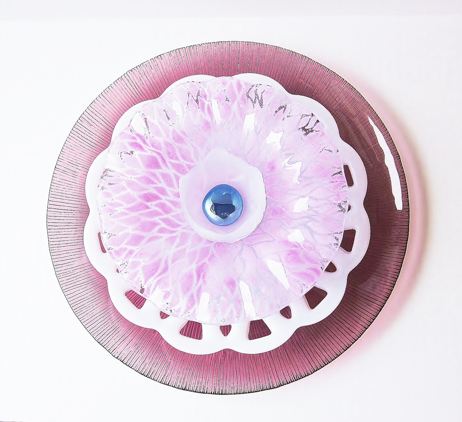 Garden Art Yard Decor Purple Feminine Glass Plate Flower Reclaimed Material Suncatcher UpCycled RePurposed BIBI