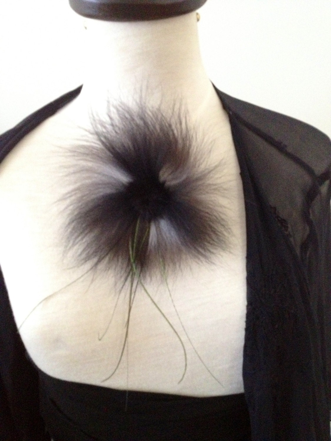 Black Gray to White fox fur mink fur center rosette feather flues in iridescent green and golden sprigs Hair clip combination coat pin