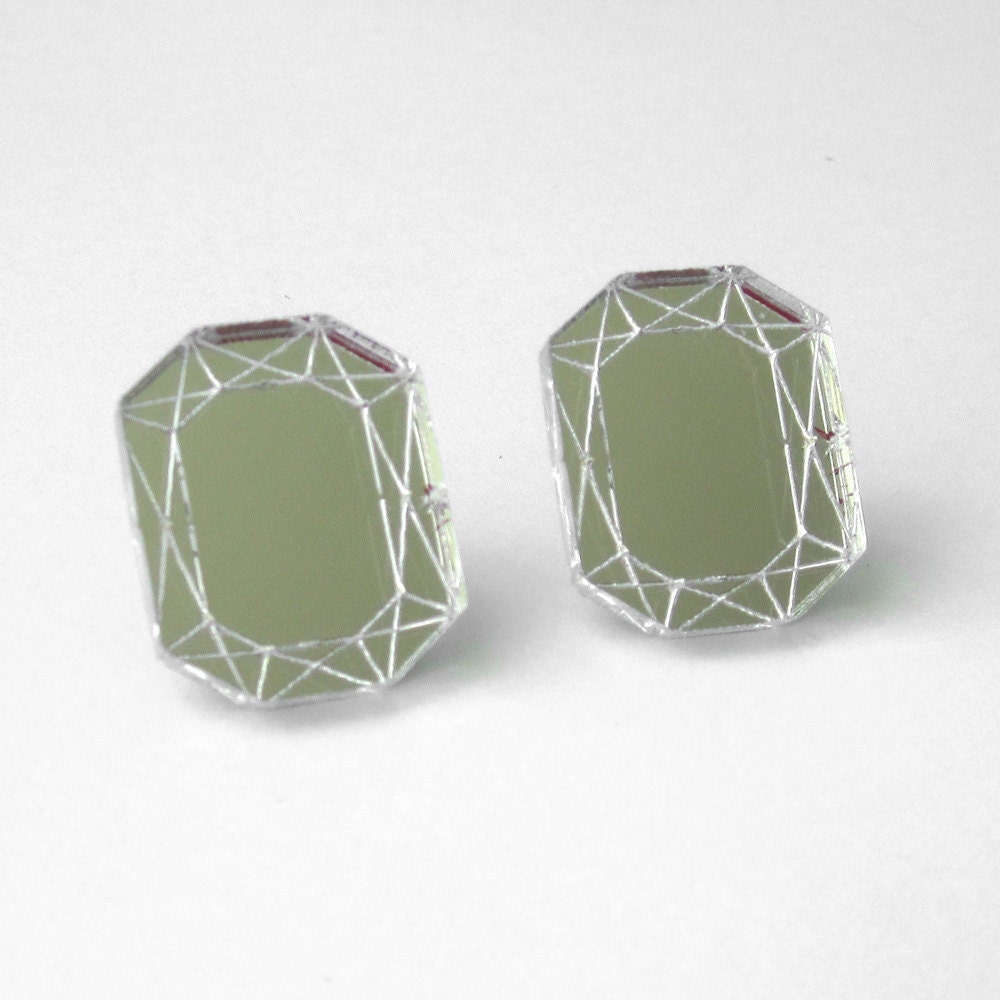Mirror Emerald Cut Stud Earrings - Geometric Laser Cut Acrylic Silver Perspex